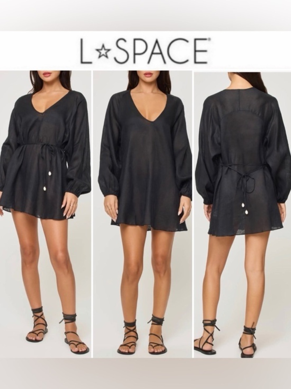 l*space Boat Trip Tunic Black V-Neck Long Sleeve Beach Sz XS NWT $185